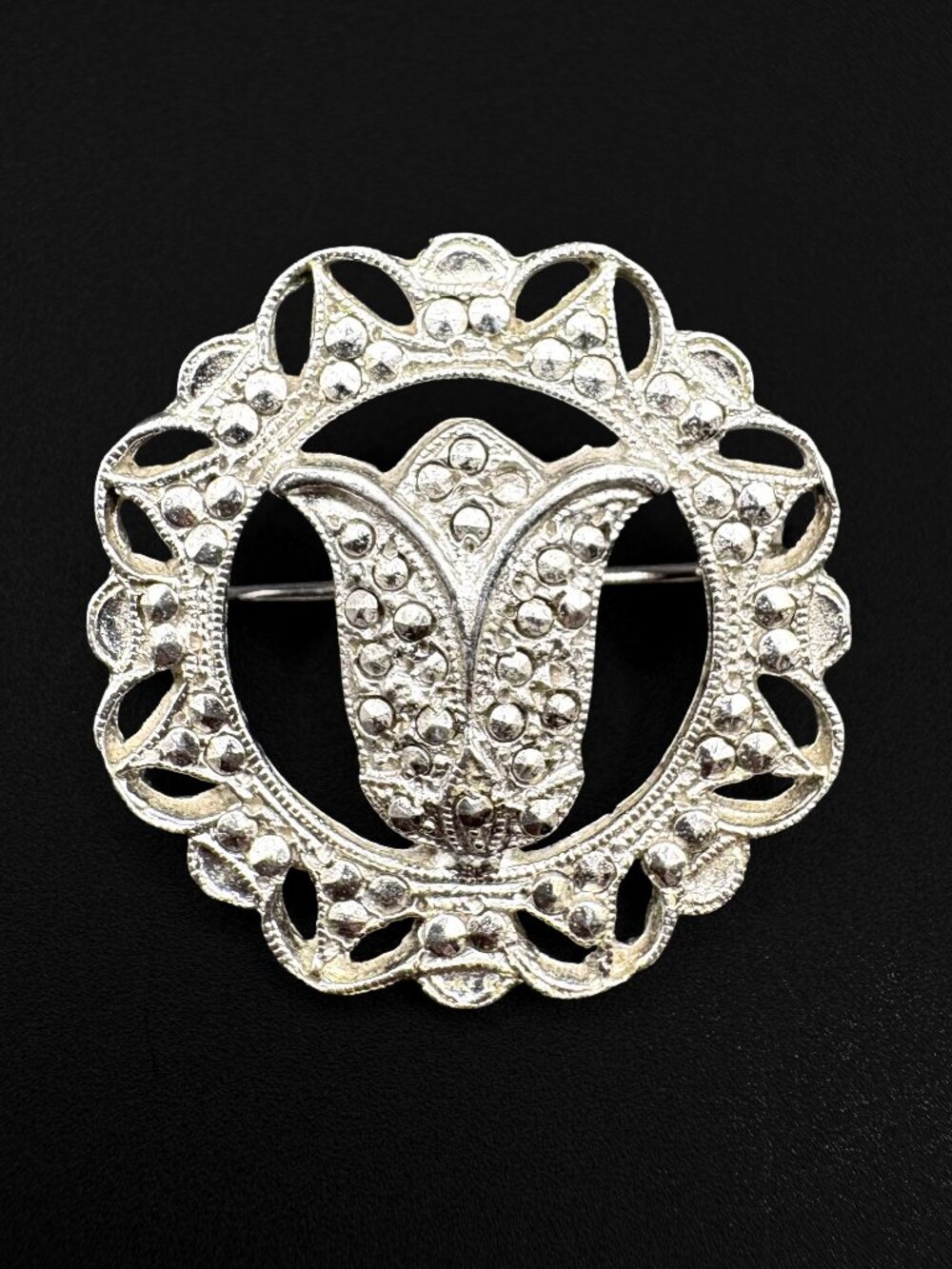 Vintage Faux Marcasite Tulip Floral Circle Brooch